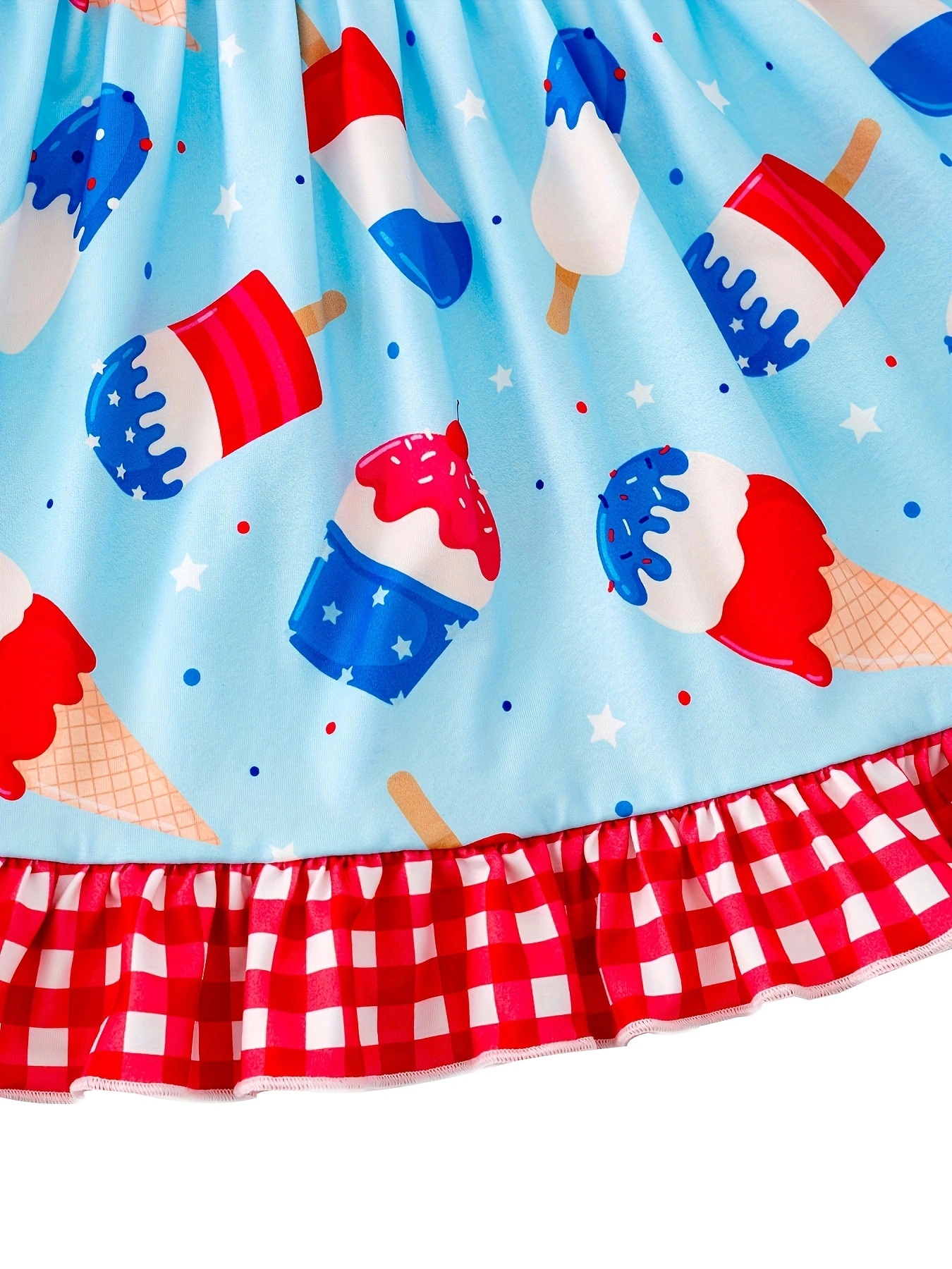 4th of july Ice Cream Print Plaid Girls Ruffle Dress
