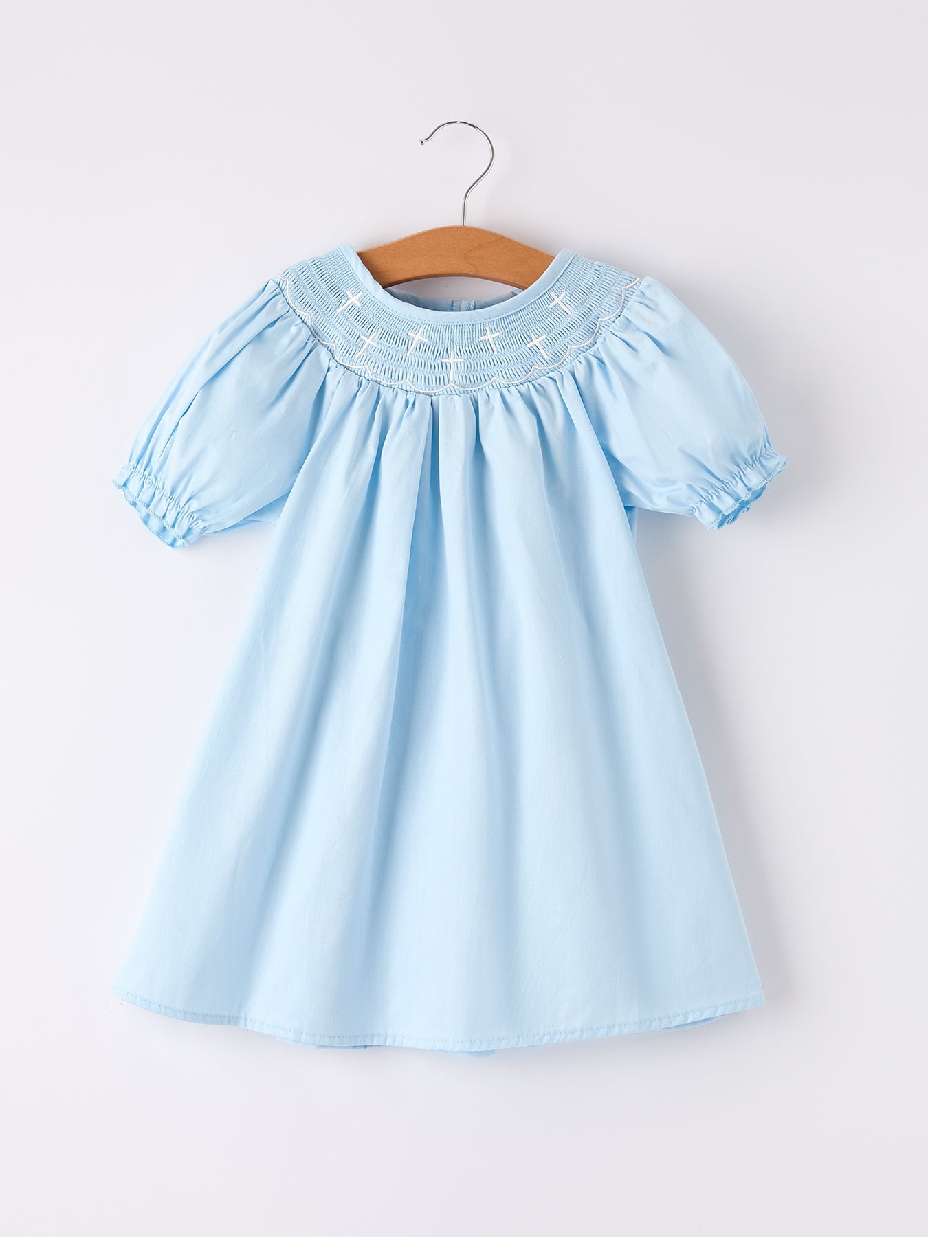 Girls Cross Smocking Embroidered Blue Dress