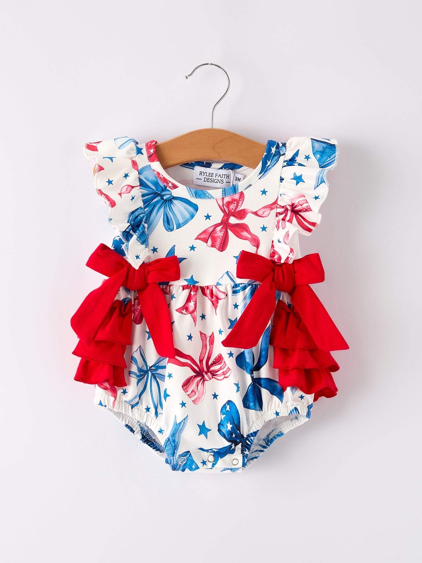 4th of july Bow Print Girls Romper - front view