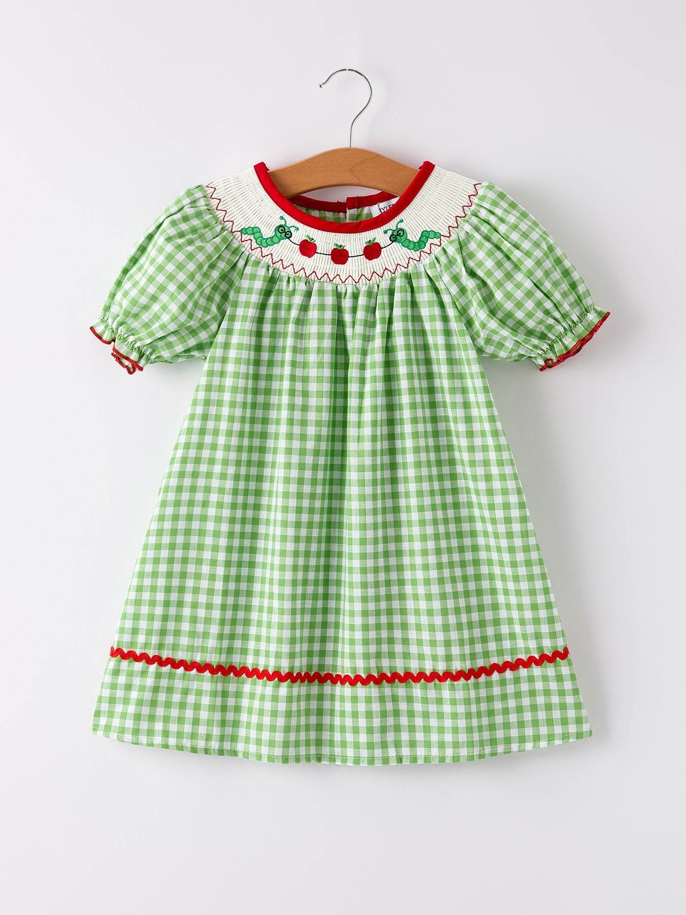 Back To School Girls Green Plaid Smocking Dress - fabric and material close-up