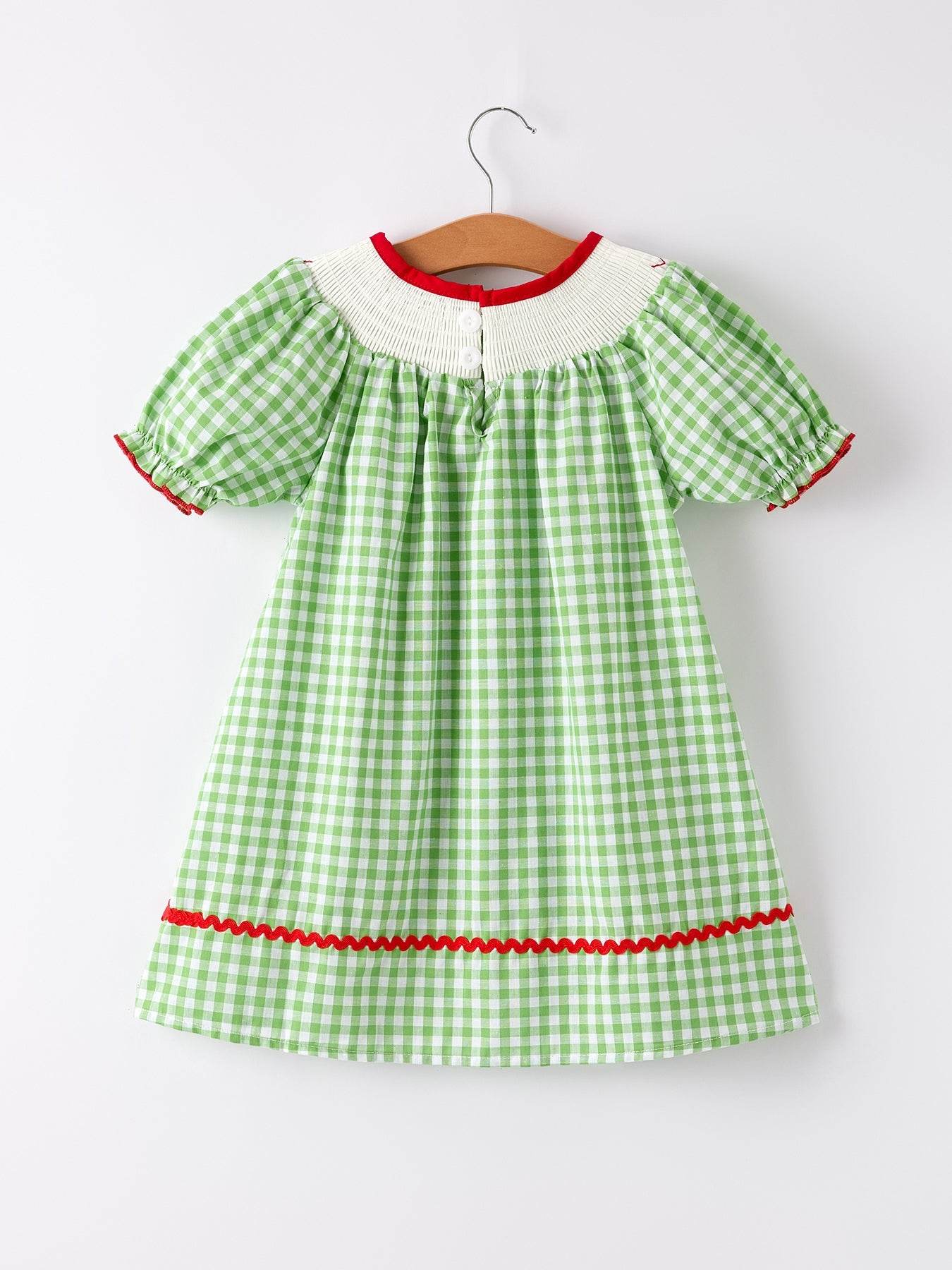 Back To School Girls Green Plaid Smocking Dress - styling detail