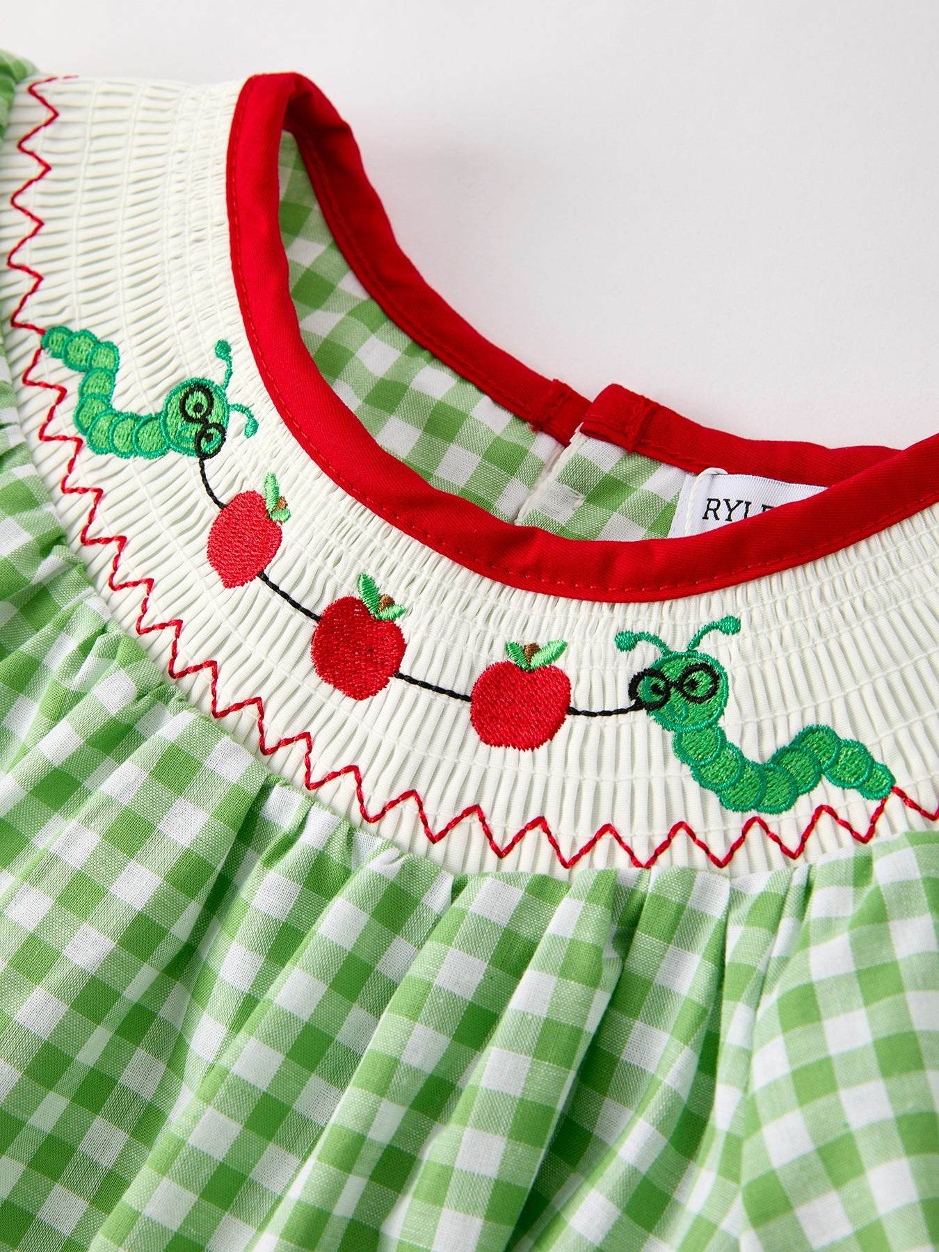 Back To School Girls Green Plaid Smocking Dress - full length view