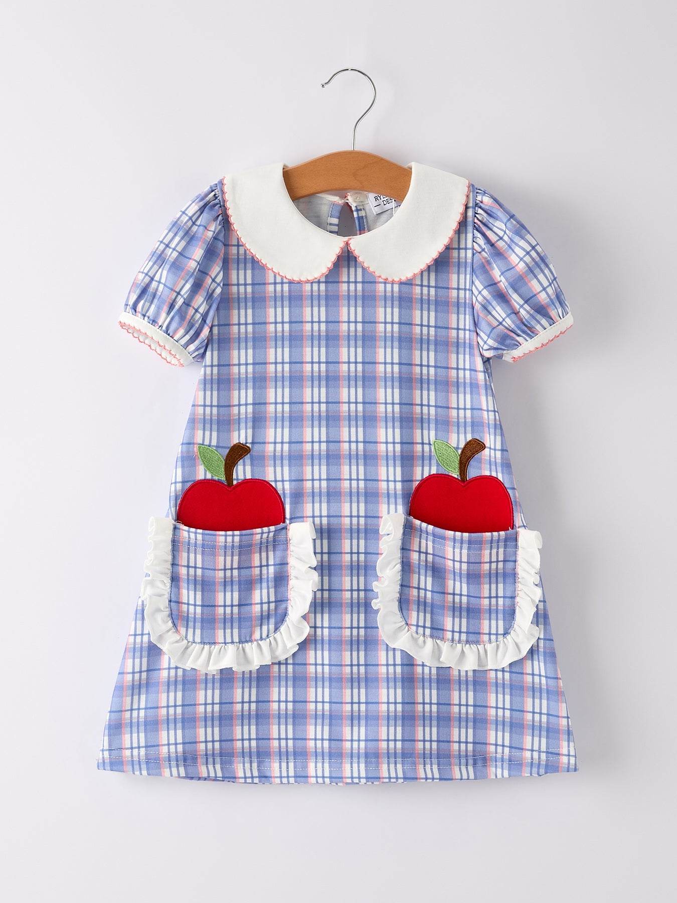 BACK TO SCHOOL Pocket Applique Check Girls Dress - front view