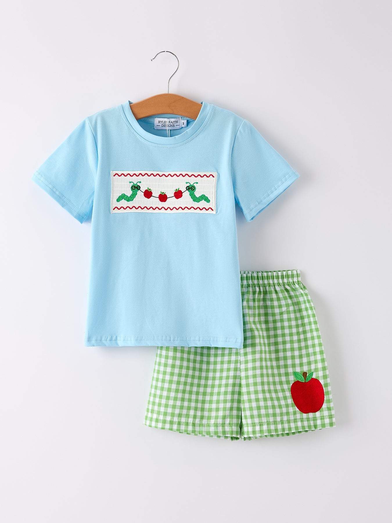 Boys Back to School Smock Embroidered Top Plaid Shorts Outfit - front view