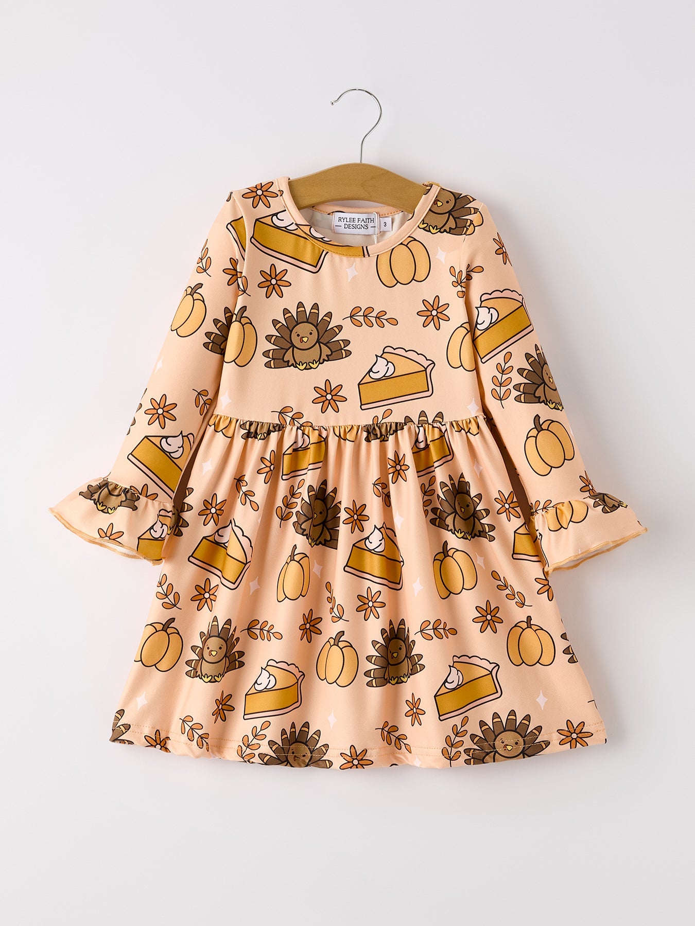 Thanksgiving Day Turkey Pie Print Ruffle Sleeve Fun Dress