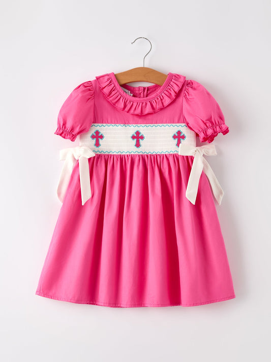 Pink Smocked Church Christ Bishop Christening Bow Girl Dress