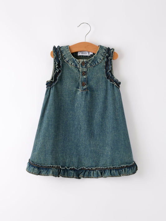 Vintage Denim Ruffle Girls Dress