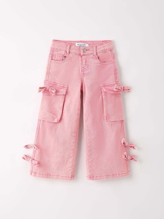 Pink Wide-Leg Denim Pants With Pockets jeans front view