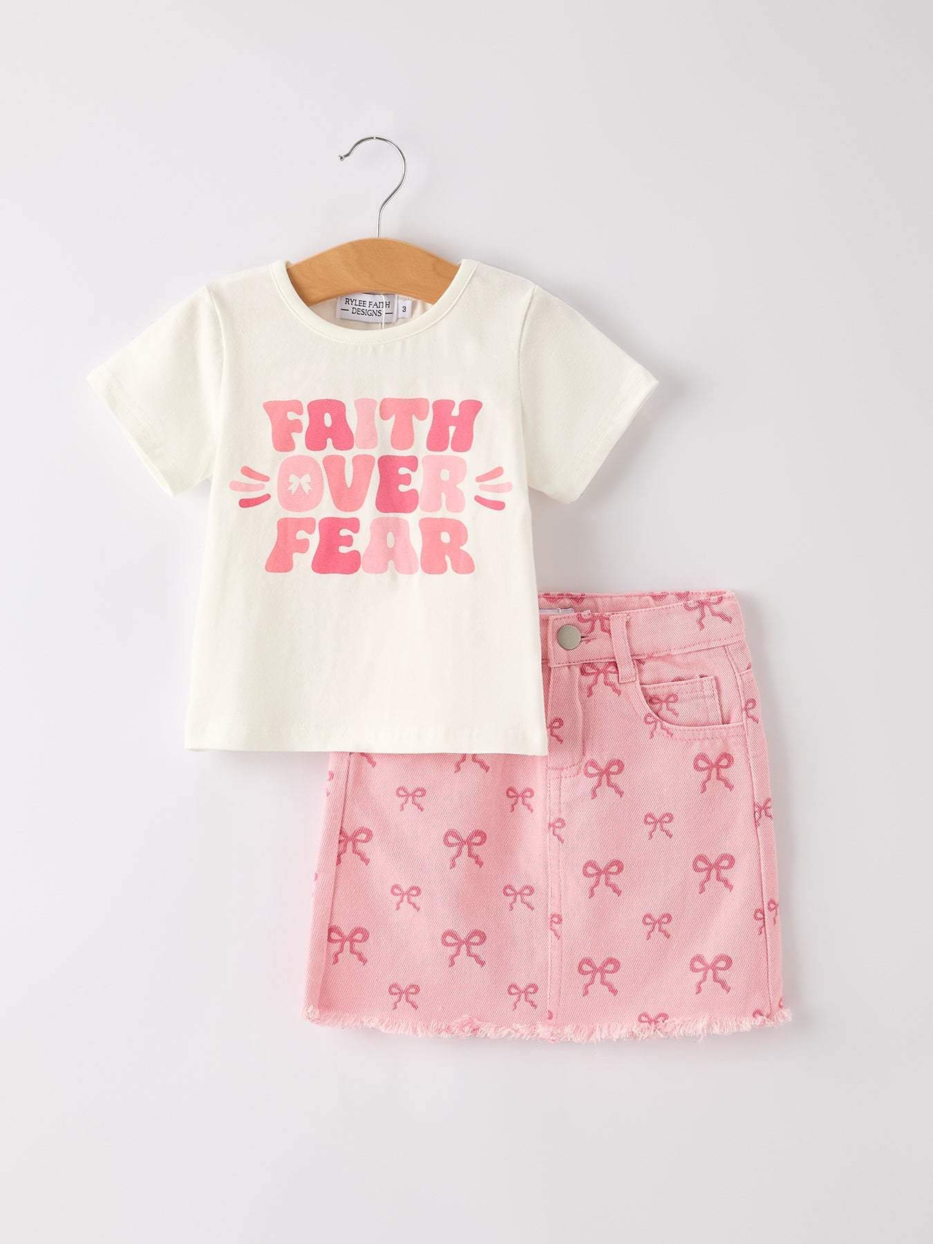 Girls Set Letter T-shirt + Pink Bow Printed Denim Skirt