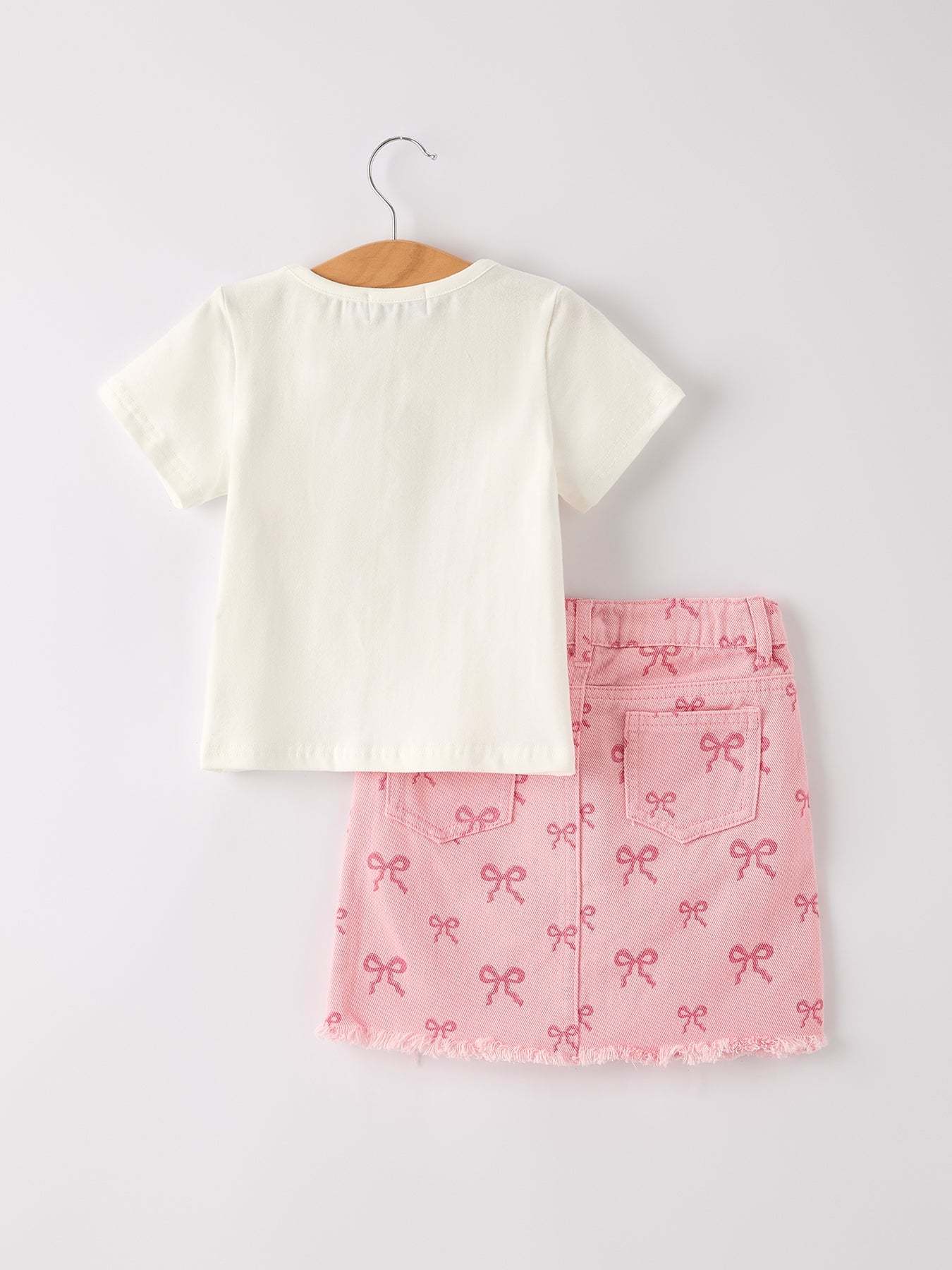 Girls Set Letter T-shirt + Pink Bow Printed Denim Skirt