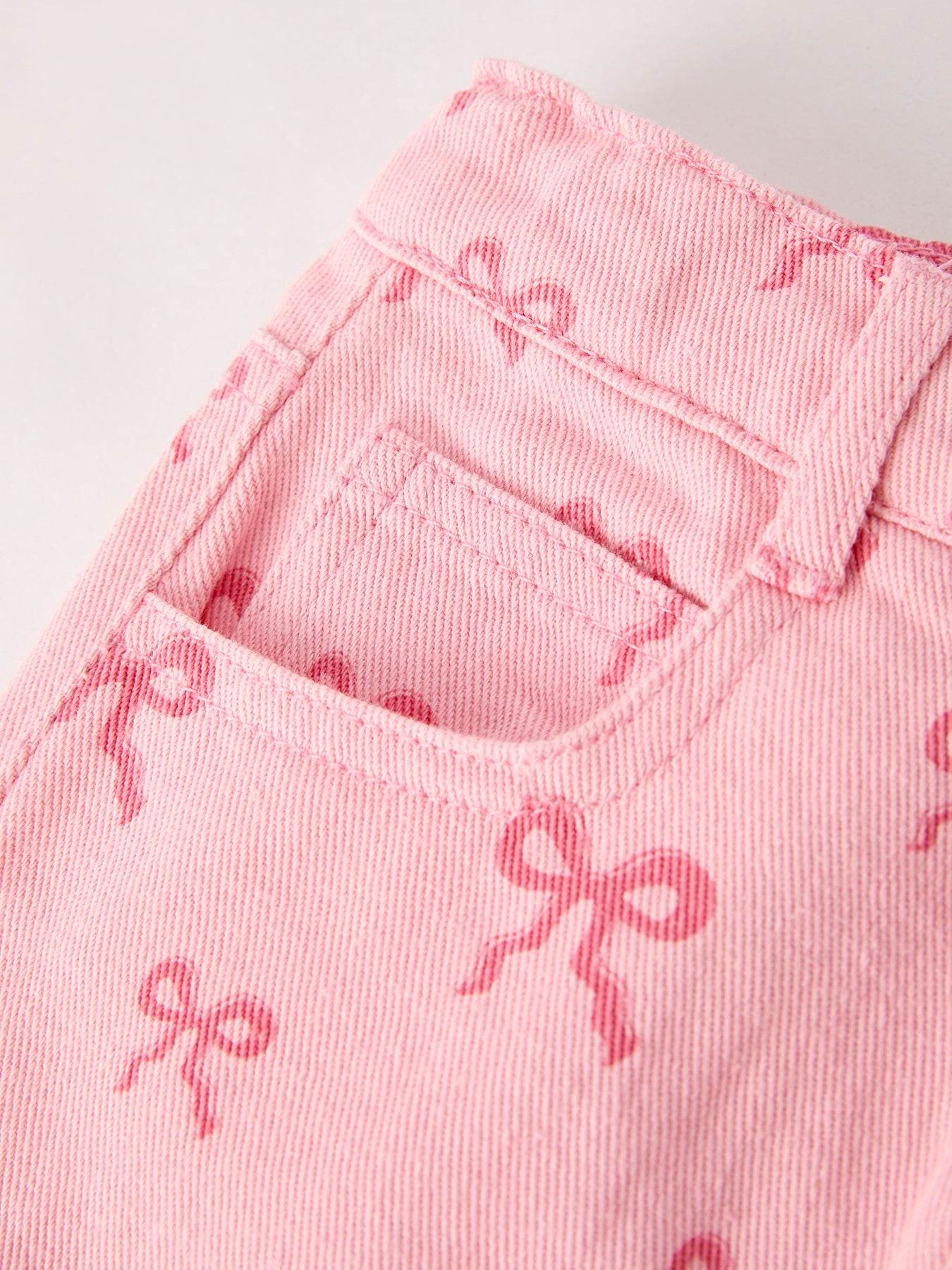 Girls Set Letter T-shirt + Pink Bow Printed Denim Skirt