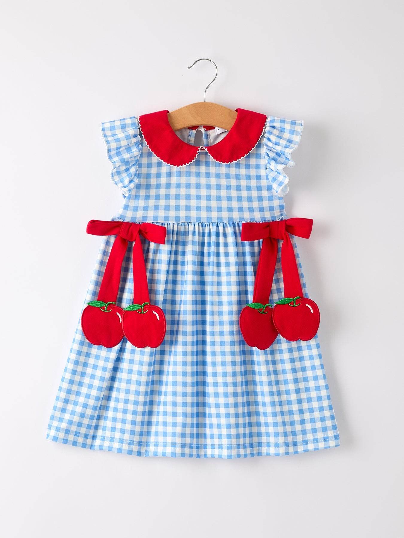 Back To School Girls Striped Lapels Apple Bow Dress, front view
