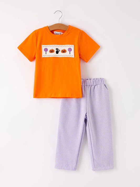 Fall Halloween Purple Balloon Pumpkin Cat Smock Embroidery Boy Set