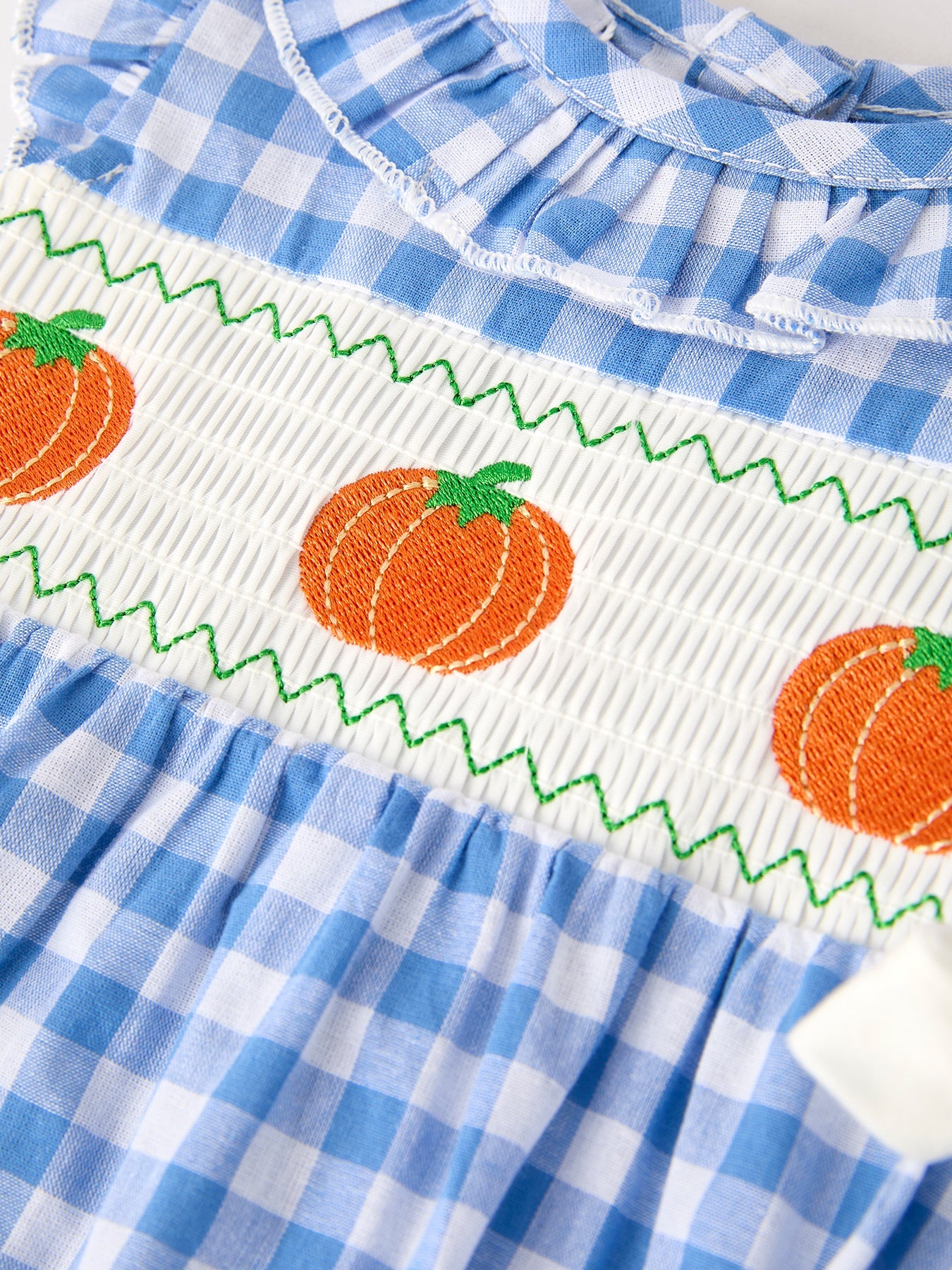 Fall Thanksgiving& Halloween Blue Pumpkin Smock Embroidery Baby Girl Romper