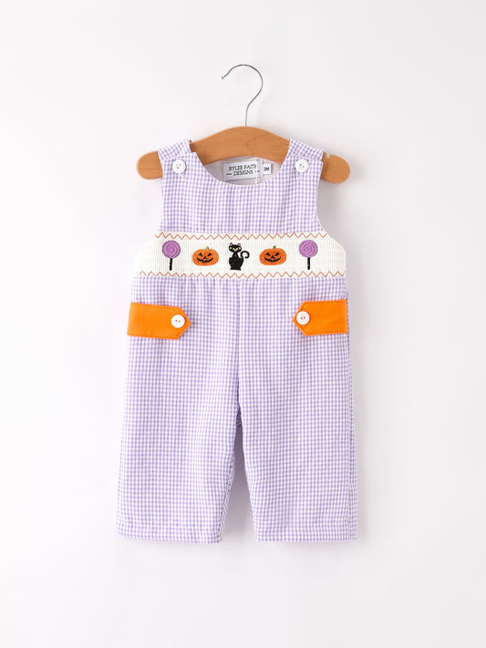 Fall Halloween Purple Balloon Pumpkin Cat Smock Embroidery Baby Boy Romper