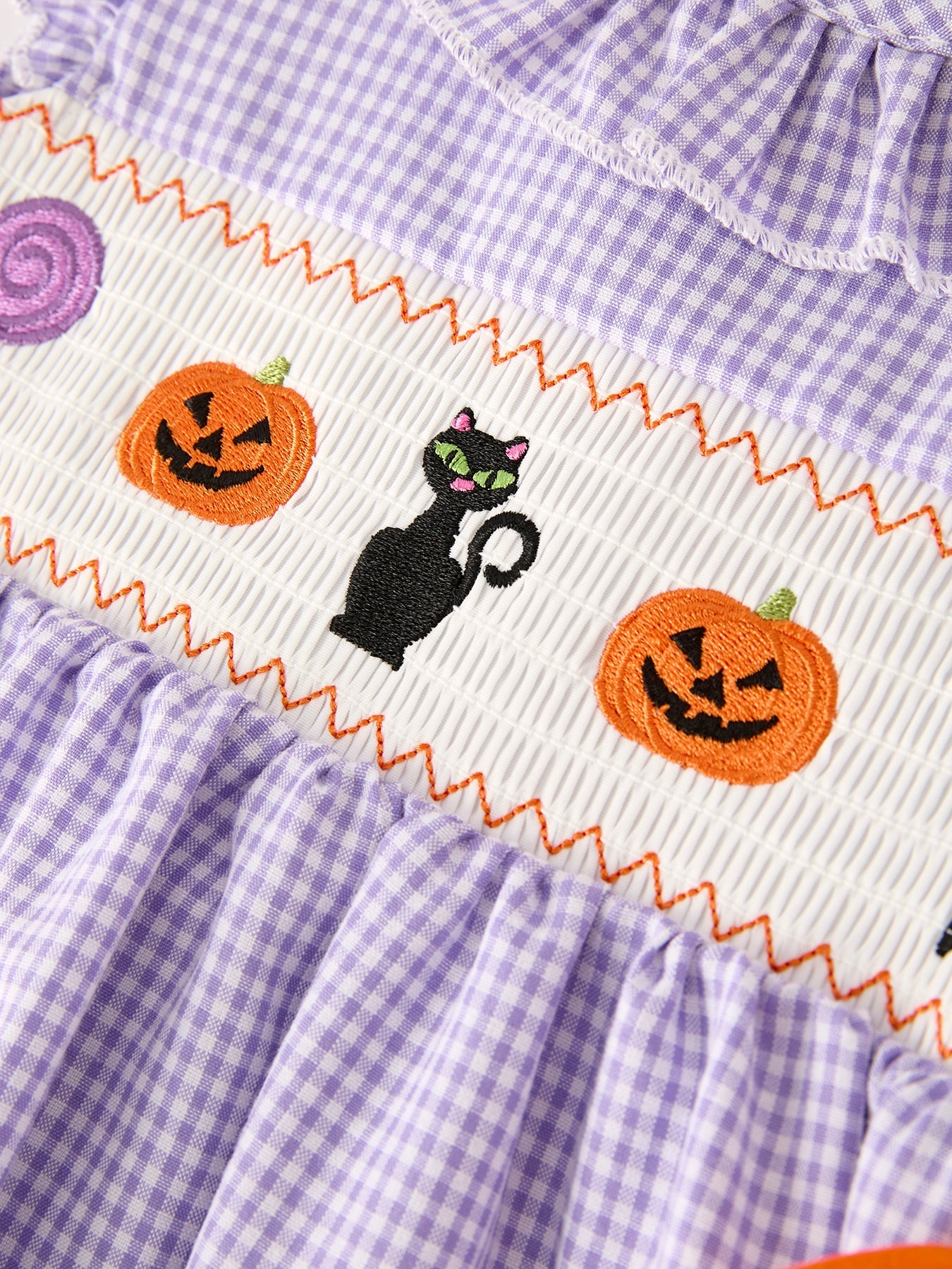 Fall Halloween Purple Balloon Pumpkin Cat Smock Embroidery Baby Girl Dress