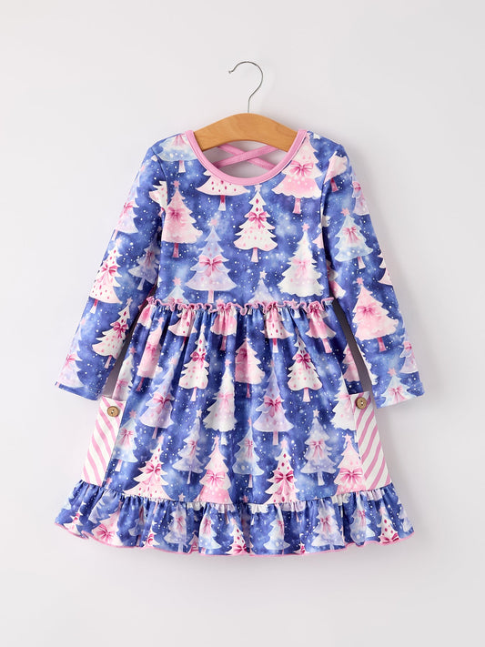 Winter Purple Christmas Tree Long Sleeve Ruffle Pocket Girls Dress