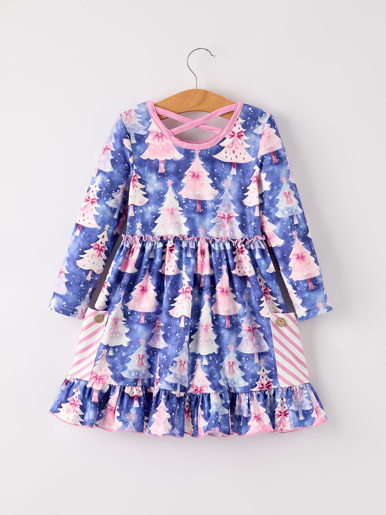 Winter Purple Christmas Tree Long Sleeve Ruffle Pocket Girls Dress