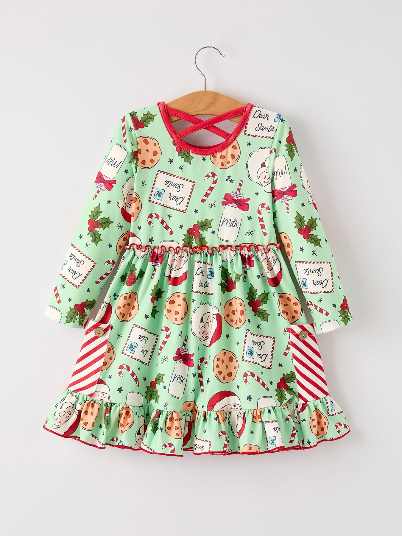 Winter Christmas Green Santa Girls Pocket Ruffle Dress