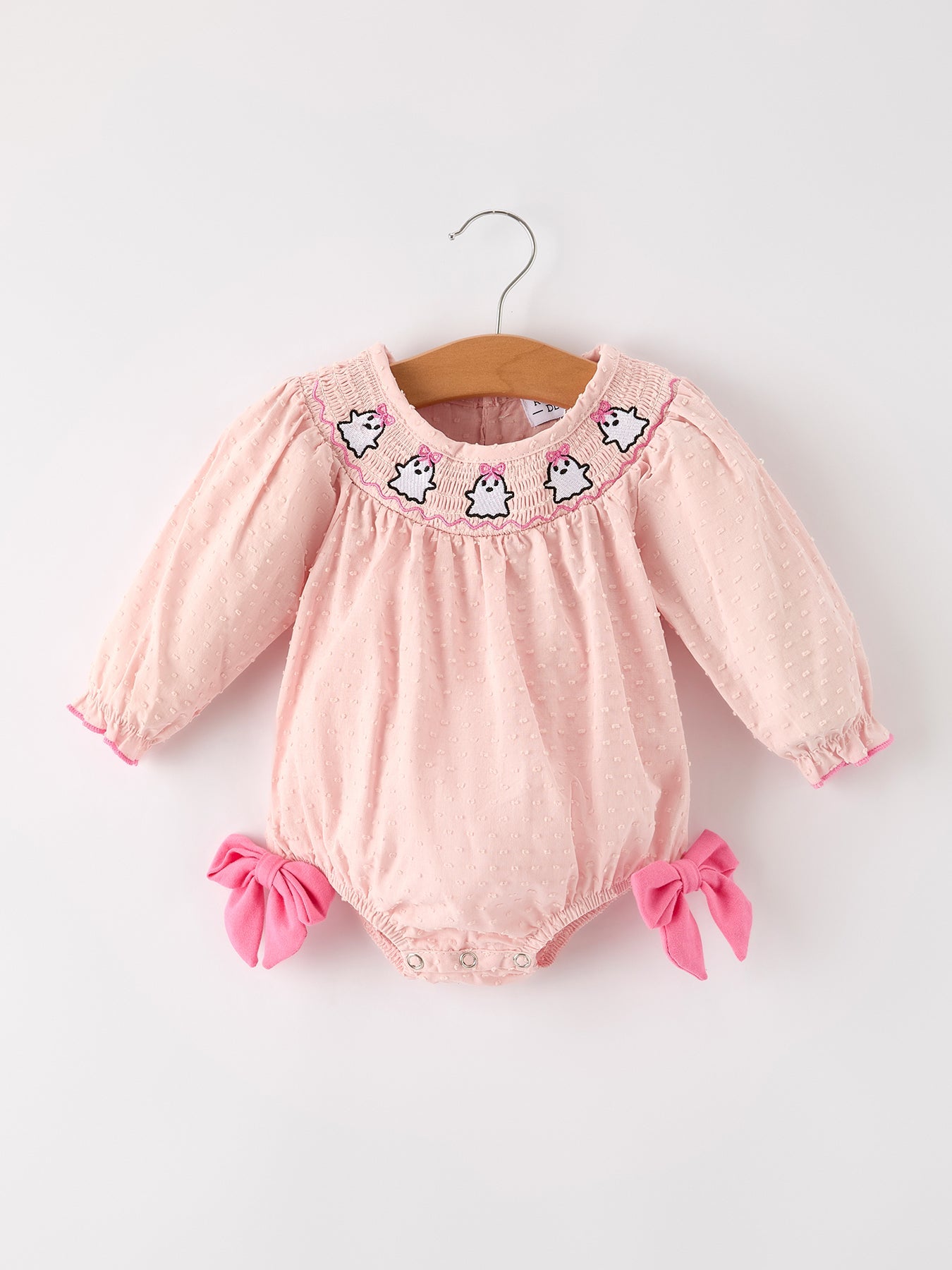 Autumn Halloween Light Pink Ghost Embroidery Smock Floral Girls Romper