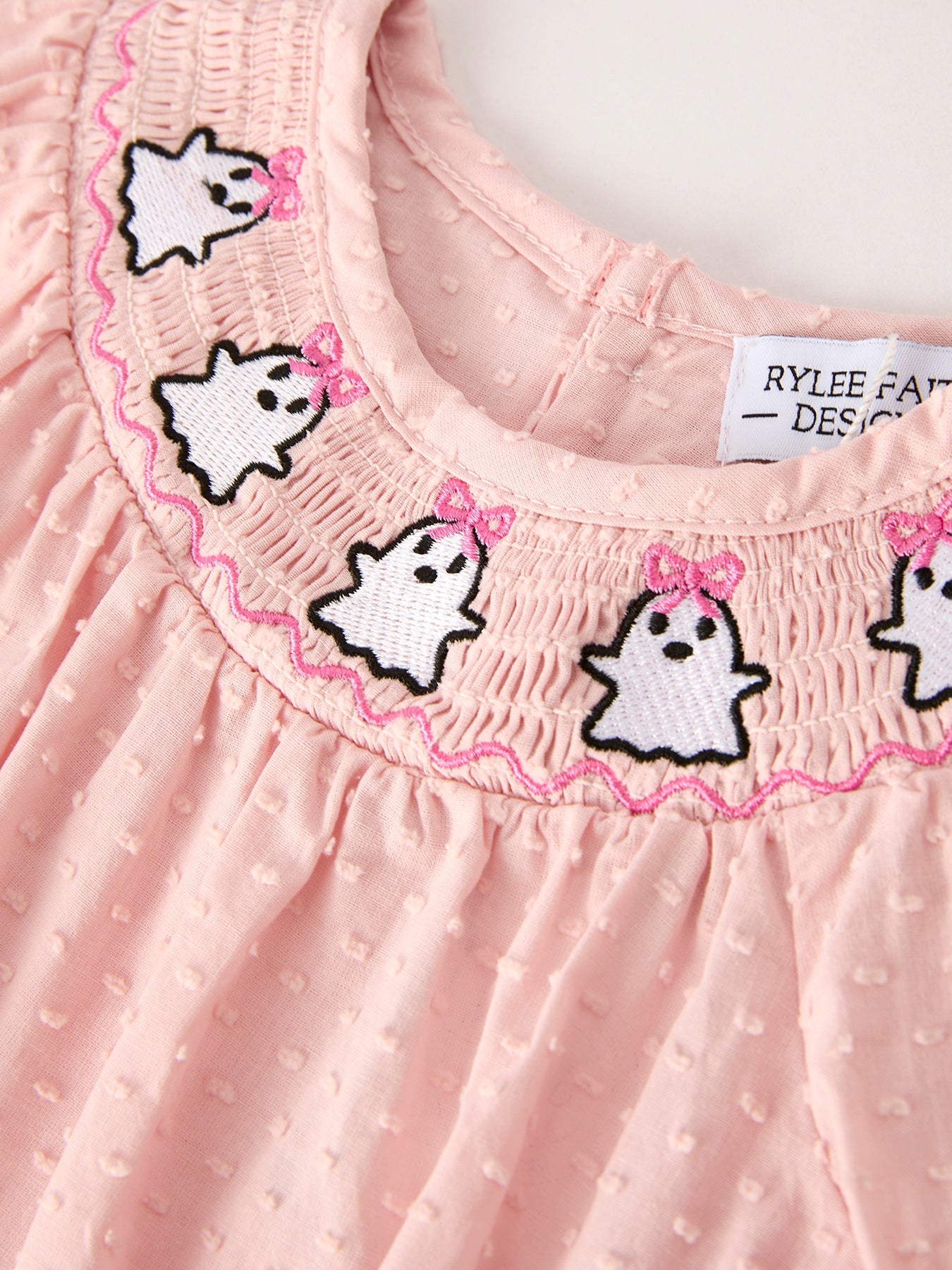 Autumn Halloween Light Pink Ghost Embroidery Smock Floral Girls Romper
