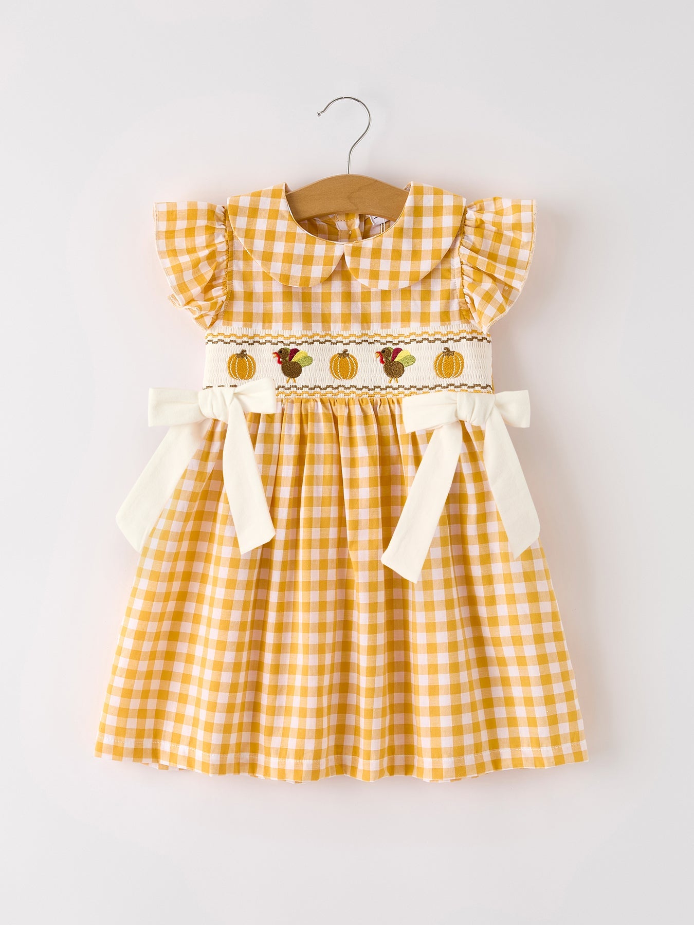Autumn Thanksgiving Yellow Plaid Turkey Pumpkin Embroidery Smock Girl Dress