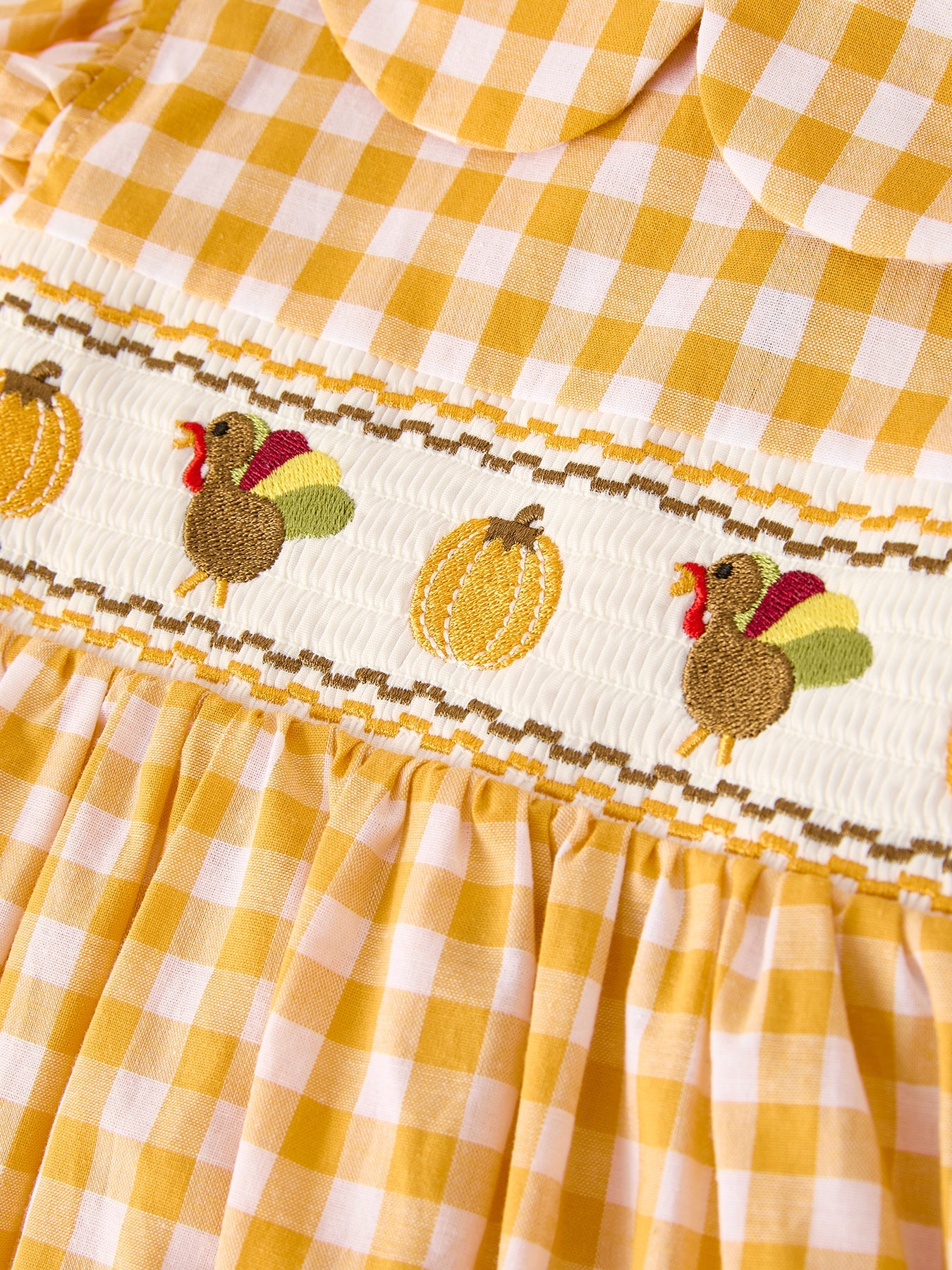 Autumn Thanksgiving Yellow Plaid Turkey Pumpkin Embroidery Smock Girl Dress