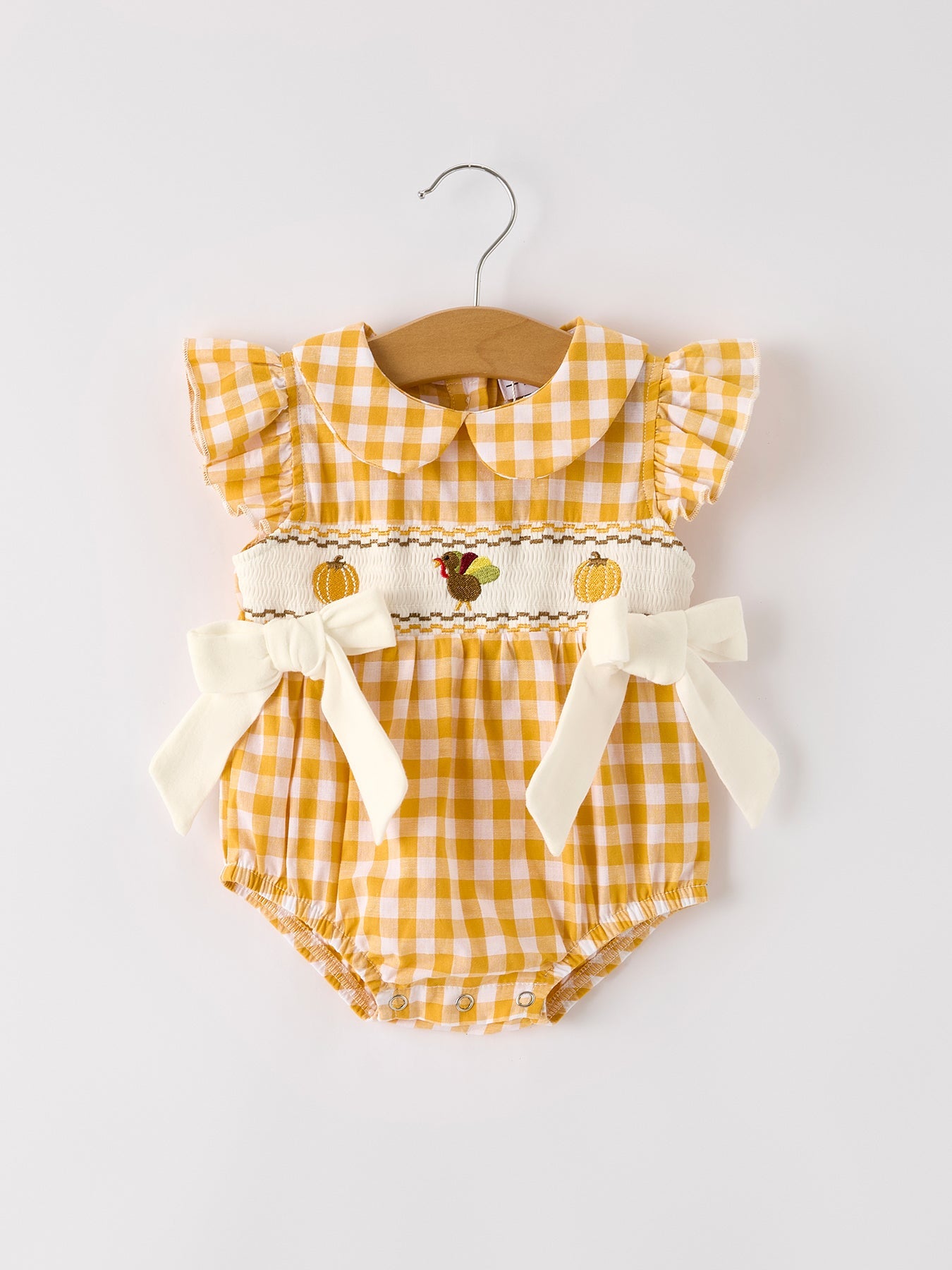 Autumn Thanksgiving Yellow Plaid Turkey Pumpkin Embroidery Smock Girls Romper