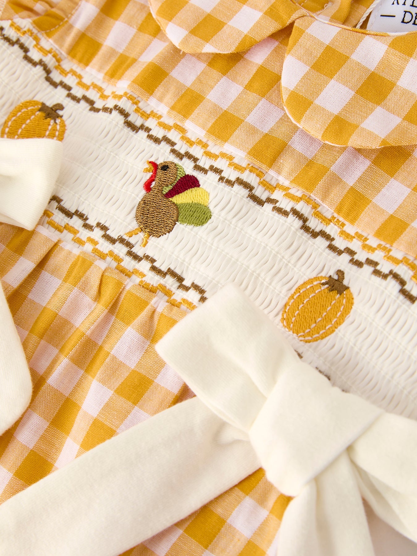 Autumn Thanksgiving Yellow Plaid Turkey Pumpkin Embroidery Smock Girls Romper