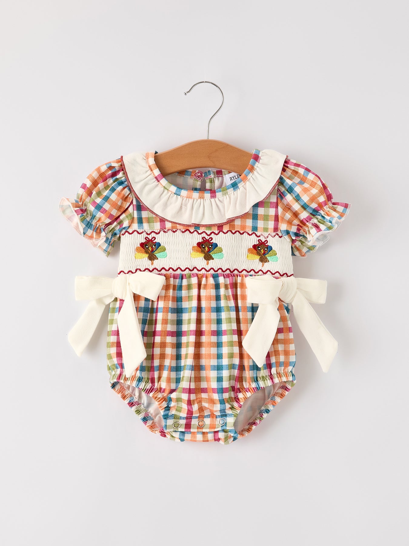 Fall Thanksgiving Color Plaid Chick Embroidery Smocking Baby Girls Romper