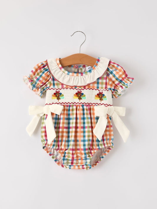 Fall Thanksgiving Color Plaid Chick Embroidery Smocking Baby Girls Romper
