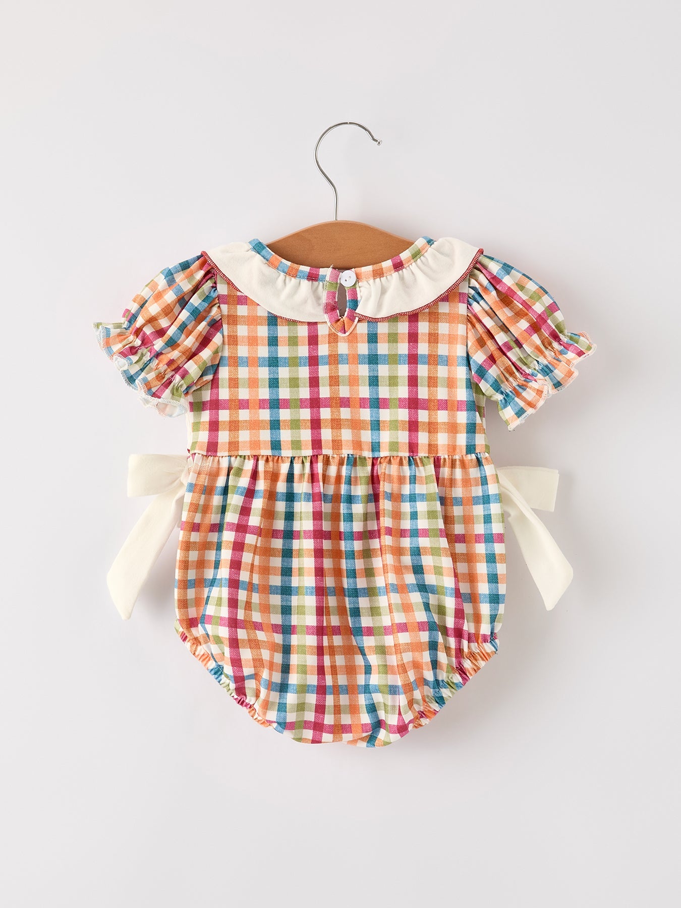 Fall Thanksgiving Color Plaid Chick Embroidery Smocking Baby Girls Romper