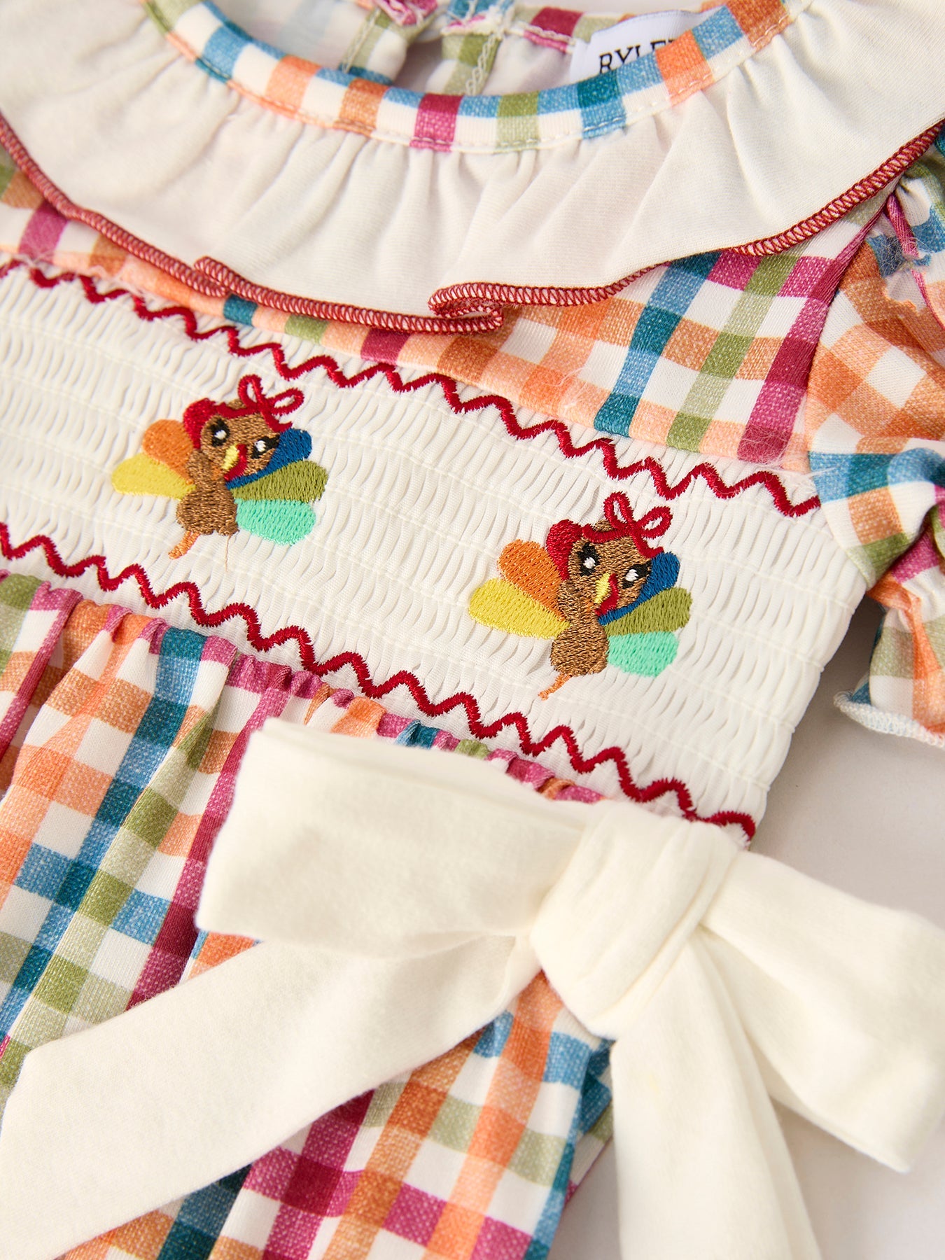 Fall Thanksgiving Color Plaid Chick Embroidery Smocking Baby Girls Romper