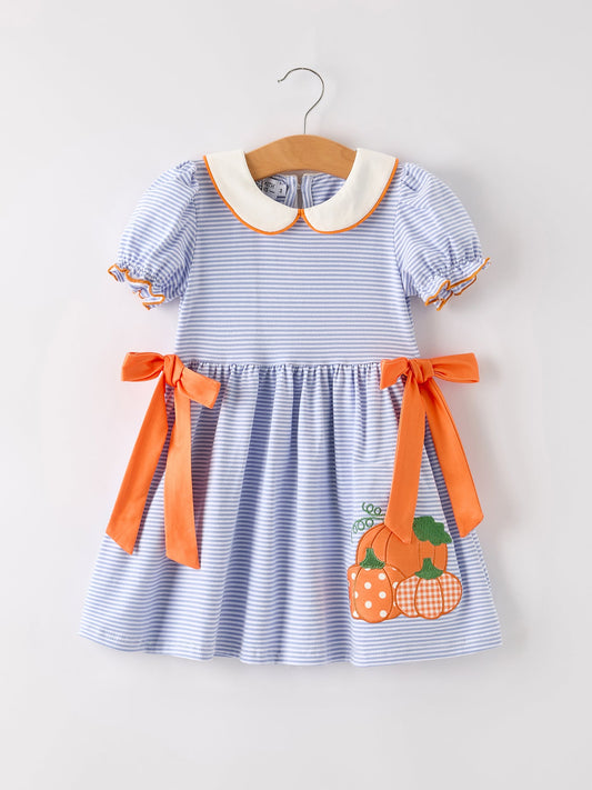 Fall Thanksgiving and Halloween Lapel Stripe Pumpkin Applique Bow Girls Dress