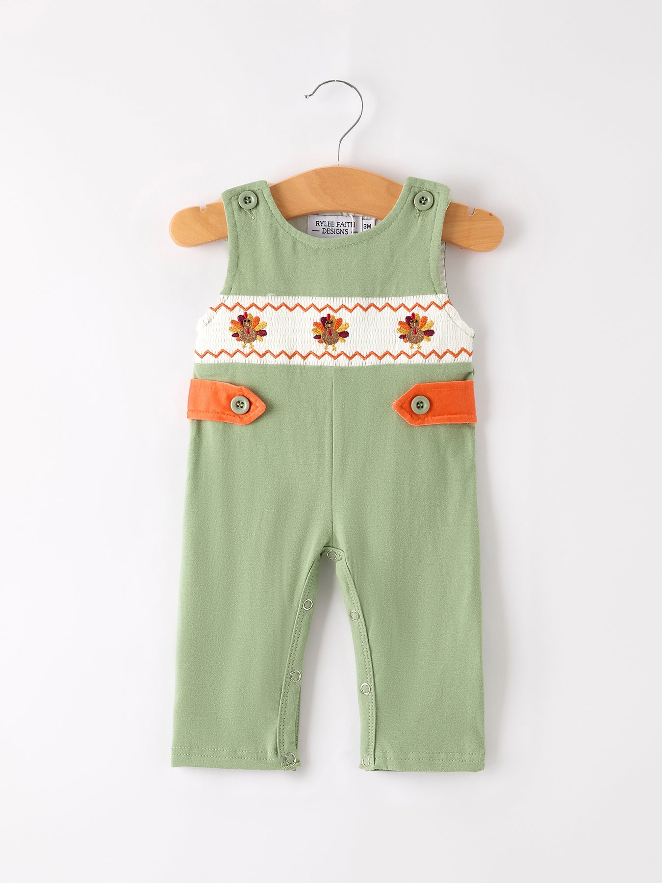 Fall Thanksgiving Chicken Smock Embroidered Green Boys Romper