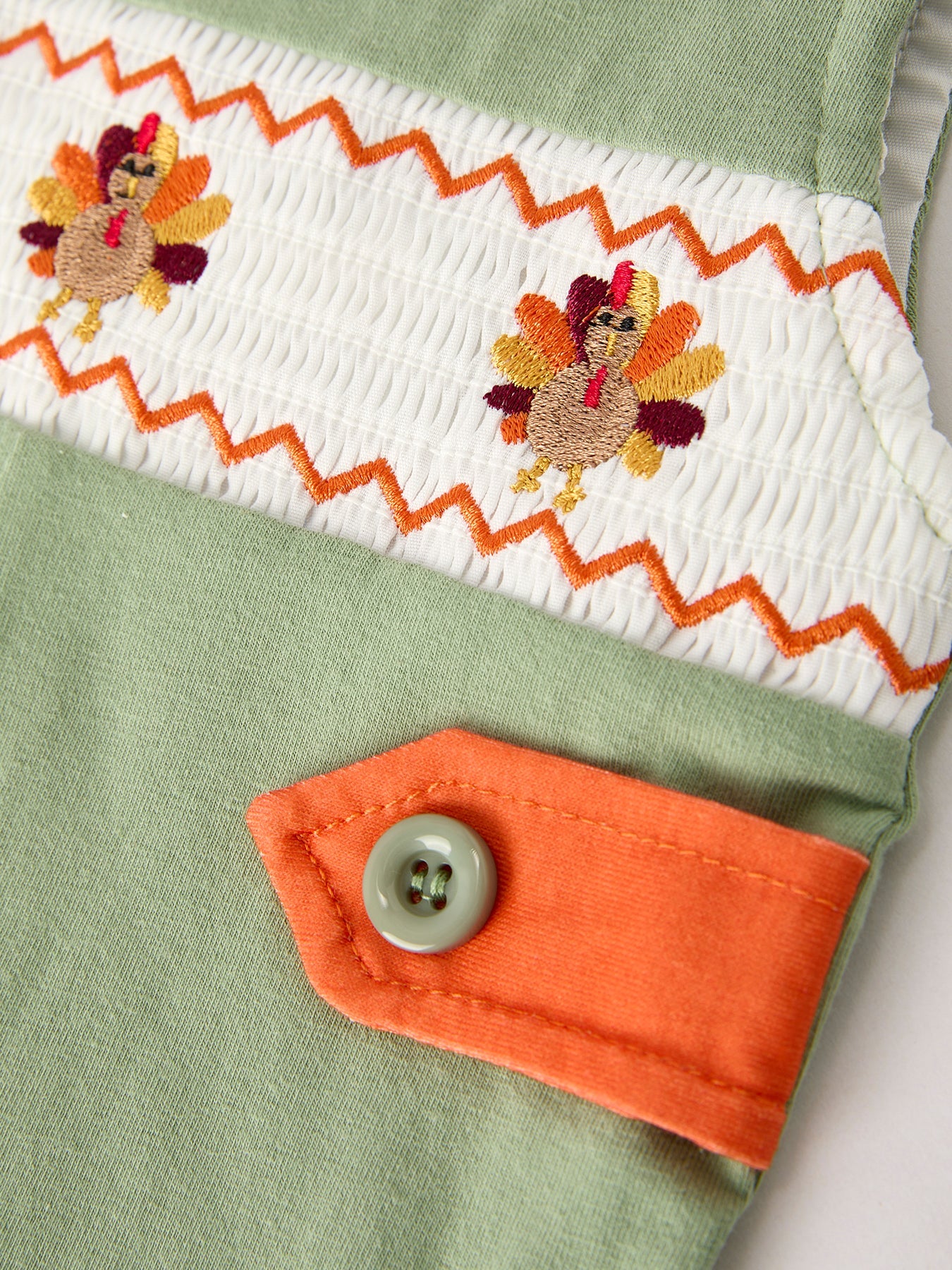 Fall Thanksgiving Chicken Smock Embroidered Green Boys Romper