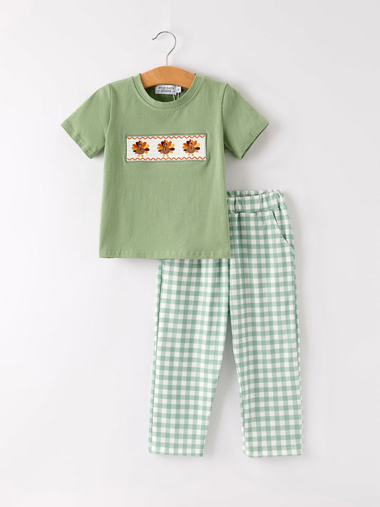Fall Thanksgiving Chicken Smock Embroidered Green Plaid Boys 'Set