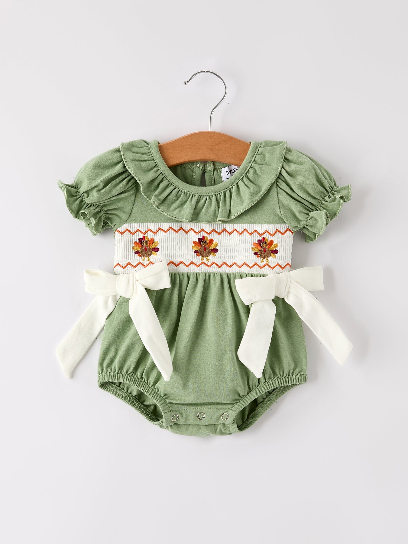 Fall Thanksgiving Chicken Smock Embroidered Green  Baby Girl Romper