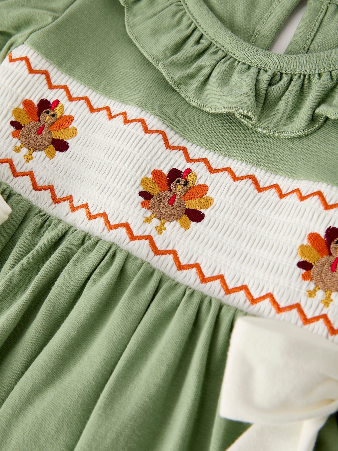 Fall Thanksgiving Chicken Smock Embroidered Green  Baby Girl Dress