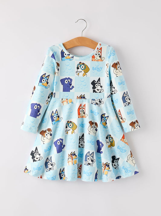 Winter Christmas Character Print Blue Girls Dress