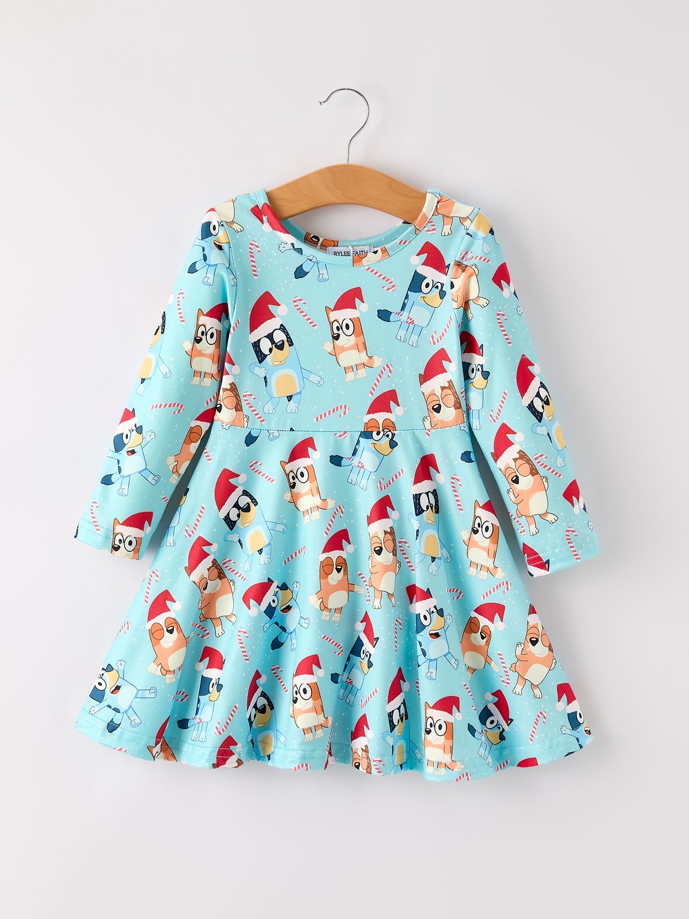 Winter Christmas Character Print Blue Girls Long Sleeve Dress