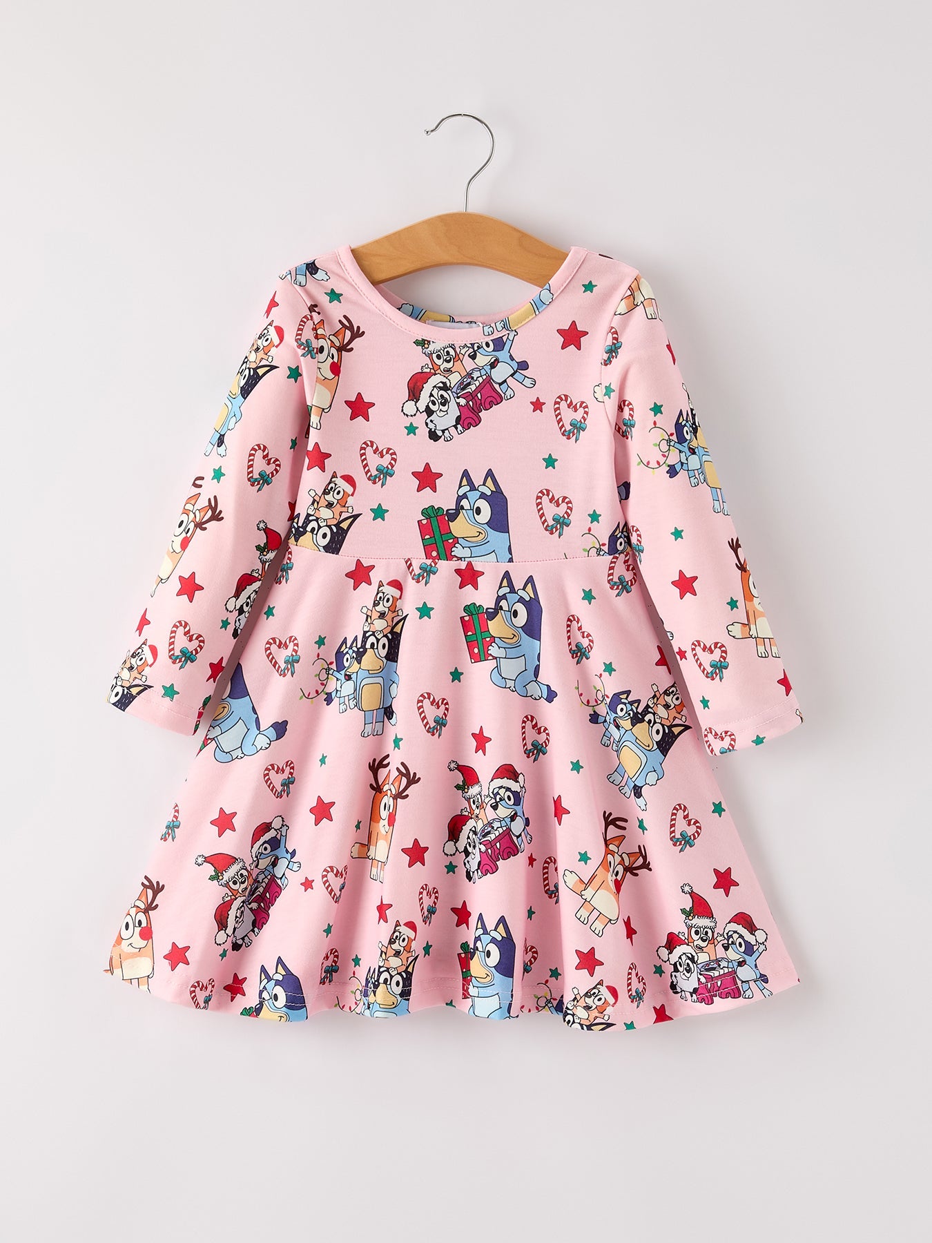 Winter Christmas Character Print  Pink Girls Dress