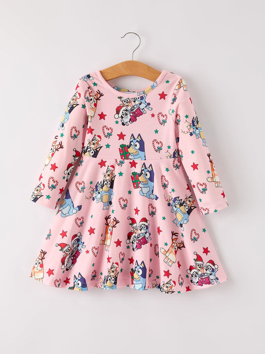 Winter Christmas Character Print  Pink Girls Dress