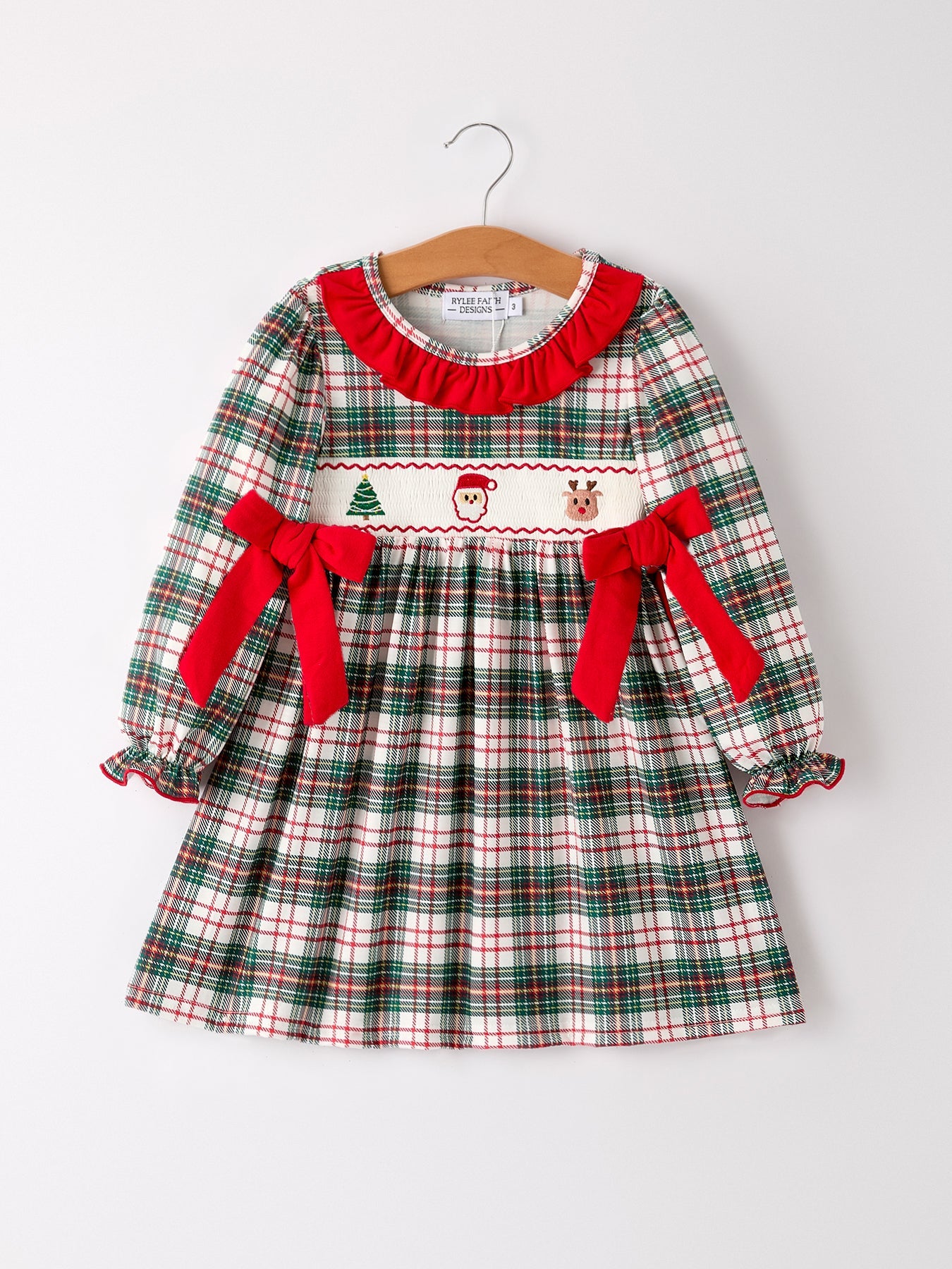 Christmas Embroidery Smocking Bow Plaid Girls Dress