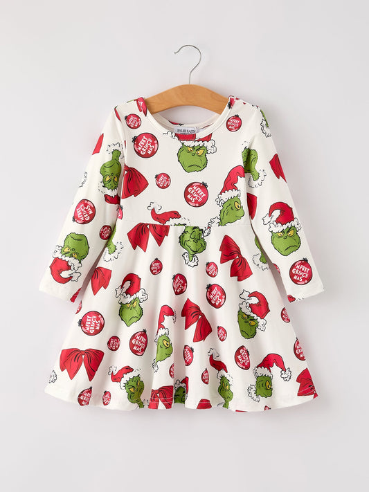 Winter Christmas Santa Hat Character Print  Green Girls Dress