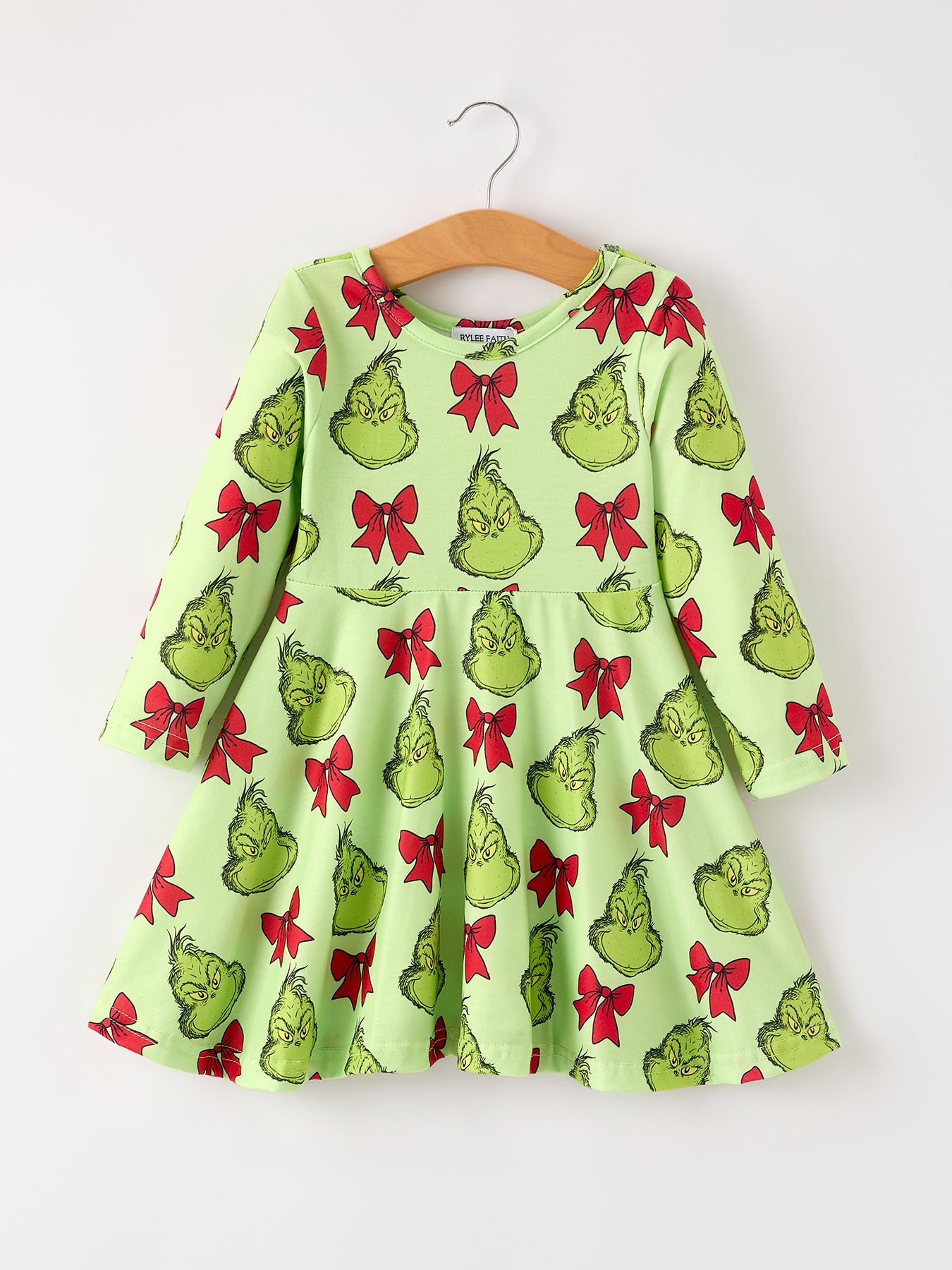 Winter Christmas Tree Bow Character Print  Green Girls Dress