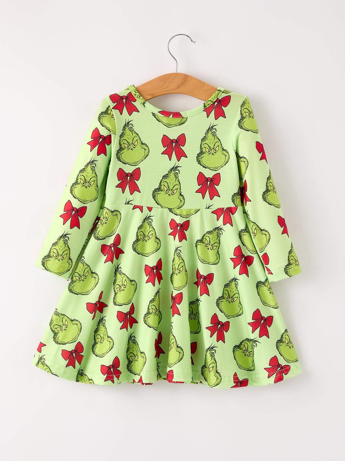 Winter Christmas Tree Bow Character Print  Green Girls Dress