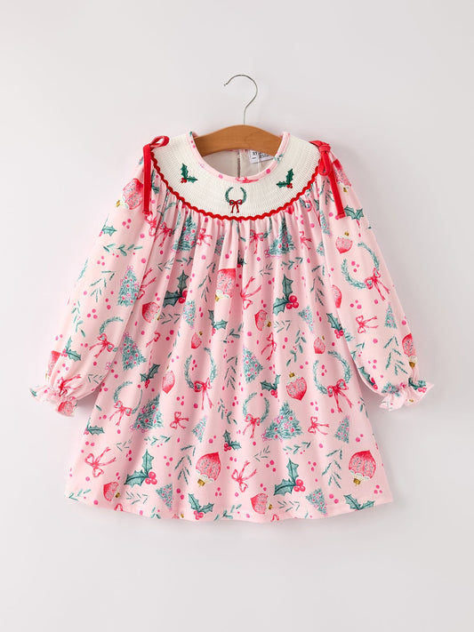 Winter Christmas Smocking Embroidery Colorful Girls Dress