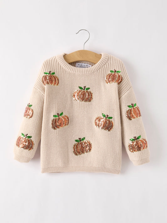 Thanksgiving Pumpkin Sequin Sweater – Beige, Perfect for Fall