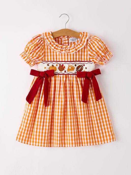 Fall Turkey Embroidered Dress for Girls – Orange Checkered with Halloween Details
